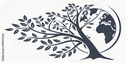 A stylized tree with roots and branches intertwined with a globe.