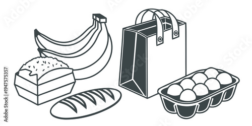Assorted food items including bread, bananas, and eggs displayed on a table