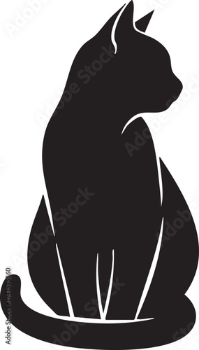 A graceful black cat silhouette sitting upright with its tail positioned to the side, portraying serenity, independence, and classic feline posture.