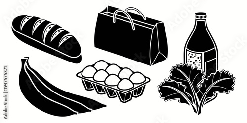 Assorted groceries including bread, bananas, eggs, and bottled beverage