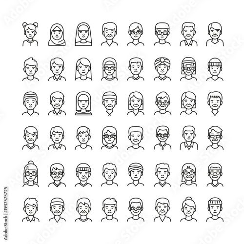Collection of Simple Line Drawn Male Faces.