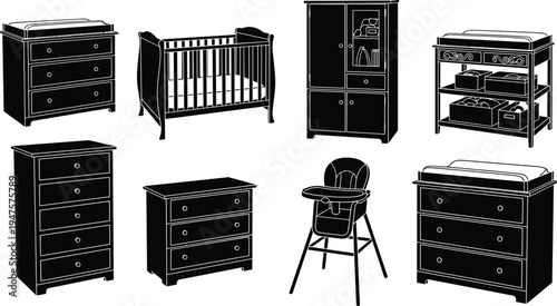 Baby nursery furniture silhouettes set including crib, dresser, wardrobe, changing table and high chair, black vector collection isolated for childcare and interior design