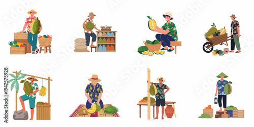 Set of flat vector illustrations featuring tropical fruit vendors and farmers selling jackfruit, bananas, and other exotic fruits in various market scenes.