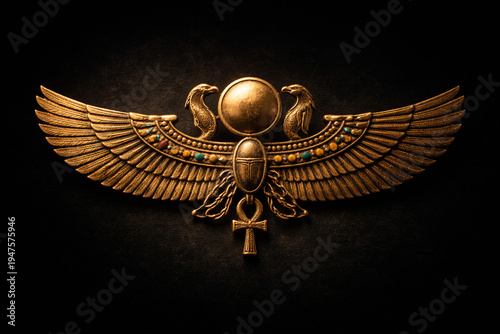 Egyptian winged scarab symbol glowing with sacred solar energy, ancient Egyptian winged scarab symbol golden relic isolated on black background, powerful Egyptian winged scarab symbol mythology icon