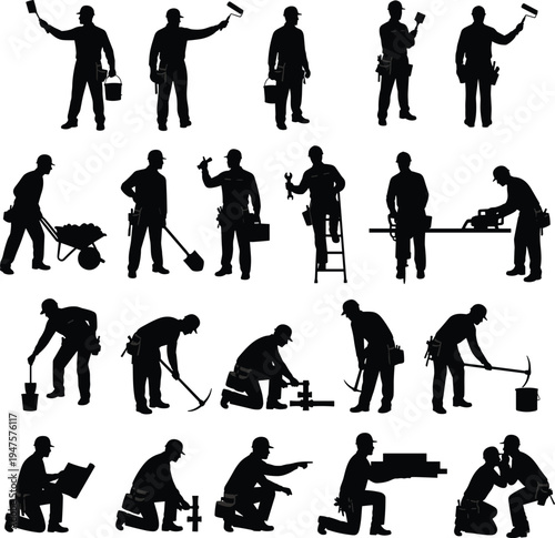Construction trade workers silhouette set including painter plumber electrician carpenter builder using tools ladder wheelbarrow and equipment isolated industry icons