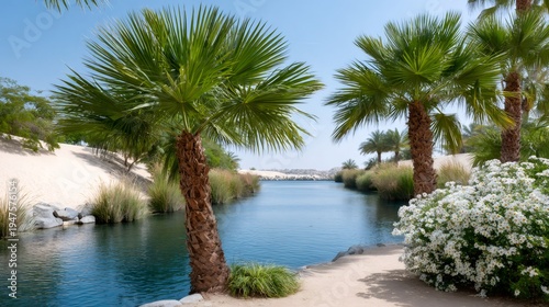Palm trees lining tranquil desert oasis water