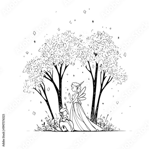 Enchanting hand drawn illustration of a whimsical fairy with delicate wings and a crown standing beside a loyal dog in a serene forest clearing surrounded by stylized trees