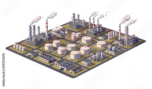 Industrial Oil Refinery and Chemical Processing Plant Aerial Perspective with Smokestacks Vector Illustration