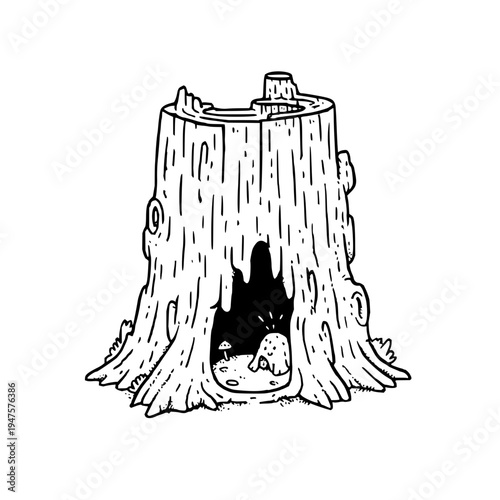 Whimsical hollowed tree stump with a cozy glowing interior featuring a tiny mushroom and a small curious creature peeking out from a dark mysterious opening set against a stark