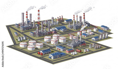 Aerial View Oil Refinery and Chemical Plant Industrial Complex with Smoking Chimneys Vector Illustration
