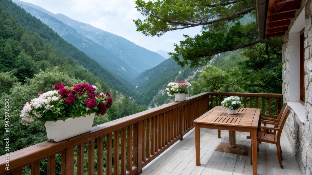 Fototapeta premium Balcony overlooking mountain valley with table and chairs