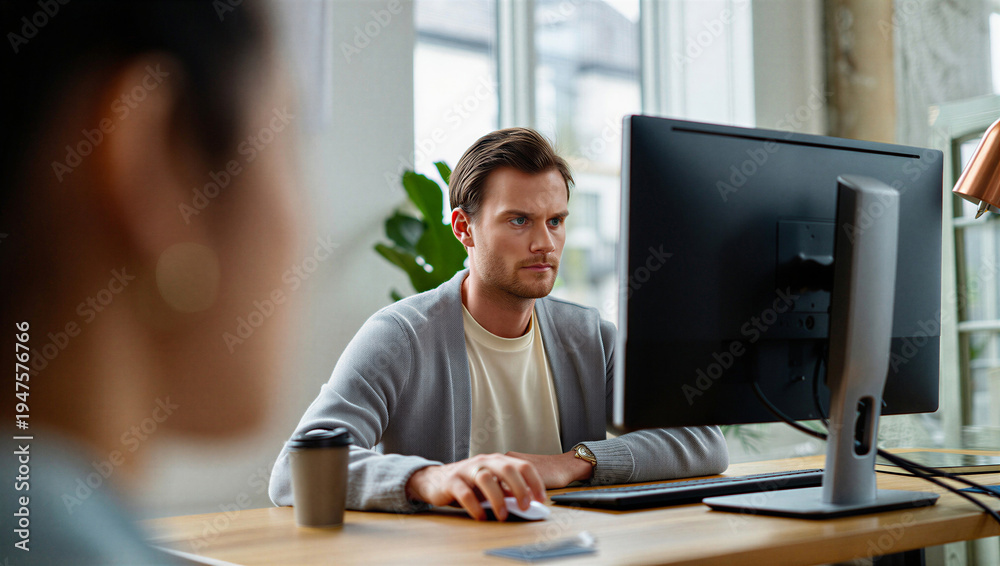 Obraz premium Senior creative director silently scrutinizing digital layouts on a monitor during a focused one-on-one feedback session with a waiting team member.