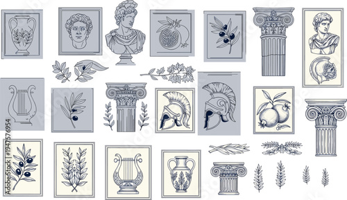 Vintage classical art illustrations set with ancient sculptures, columns, helmets, flowers and decorative elements, antique engraving style vector collection for history, mythology, and design