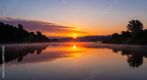 Serene Sunrise Reflection on Calm Waters - A Tranquil Landscape.