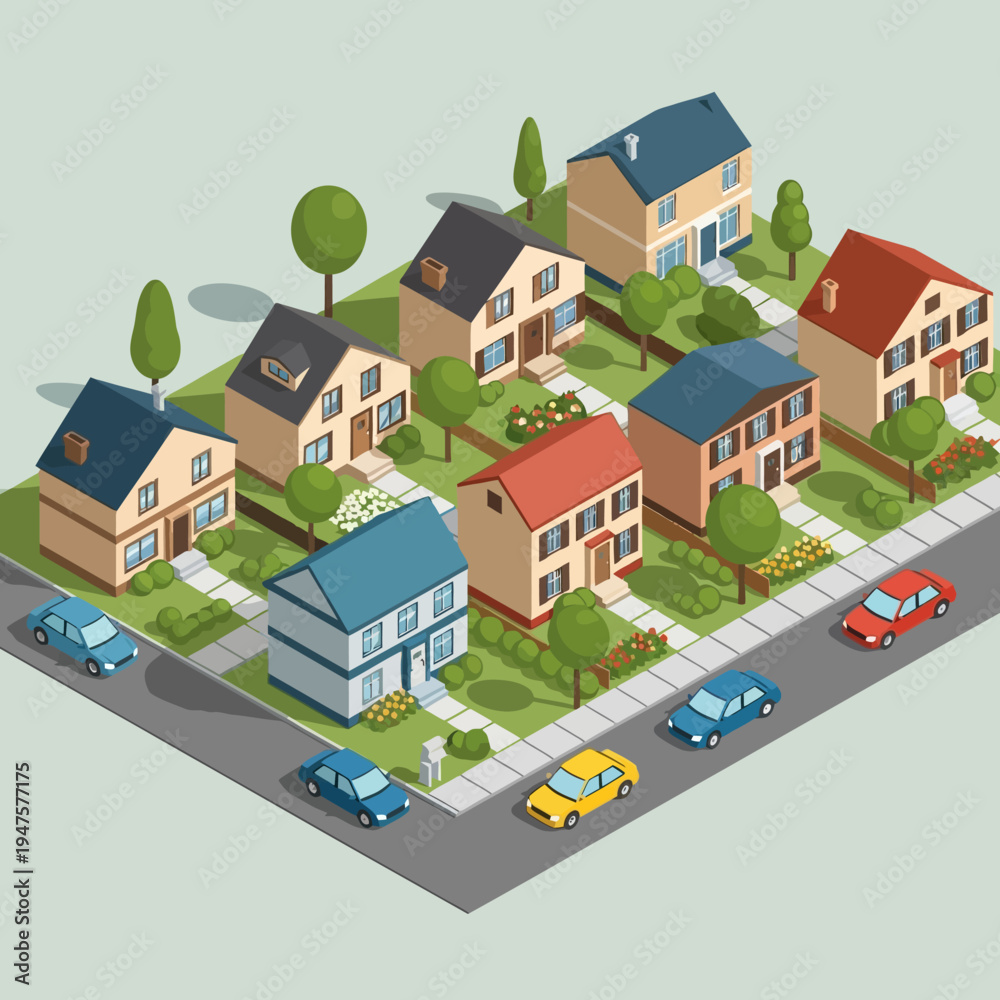 Fototapeta premium Isometric illustration of a suburban neighborhood with houses, cars, and trees.