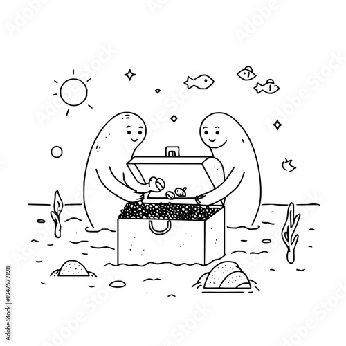 Whimsical cartoon characters joyfully discover a treasure chest brimming with sparkling gems and coins underwater surrounded by playful fish and oceanic flora under a bright