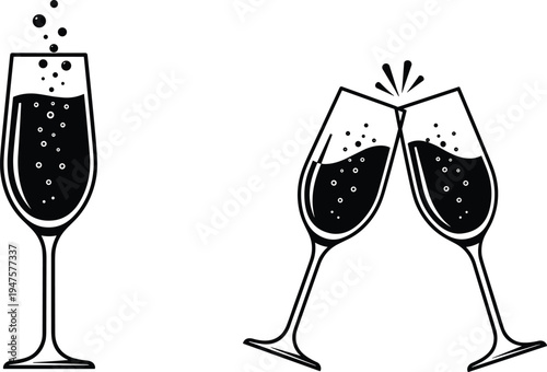 Black Silhouette Icons Of A Champagne Flute And Two Clinking Glasses On White Background toast