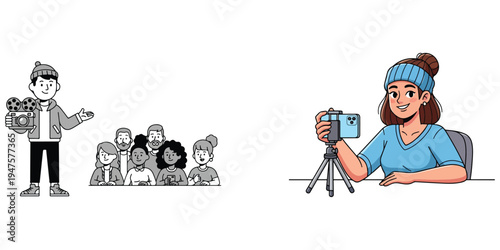 Illustration of a man with flowers and a woman filming with a camera