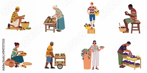Collection of diverse vendors selling fresh passion fruit in various market settings, flat vector illustration set isolated on a white background.