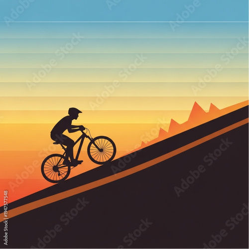 Cyclist Riding Downhill on Mountain Bike.
