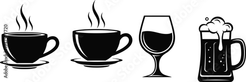 Black silhouettes of coffee cups, wine glass, and beer mug saucer steam