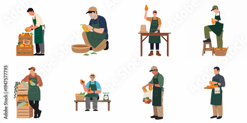 Flat vector illustrations of male farmers and vendors harvesting, sorting, and selling fresh fruits like papayas and oranges at a market.
