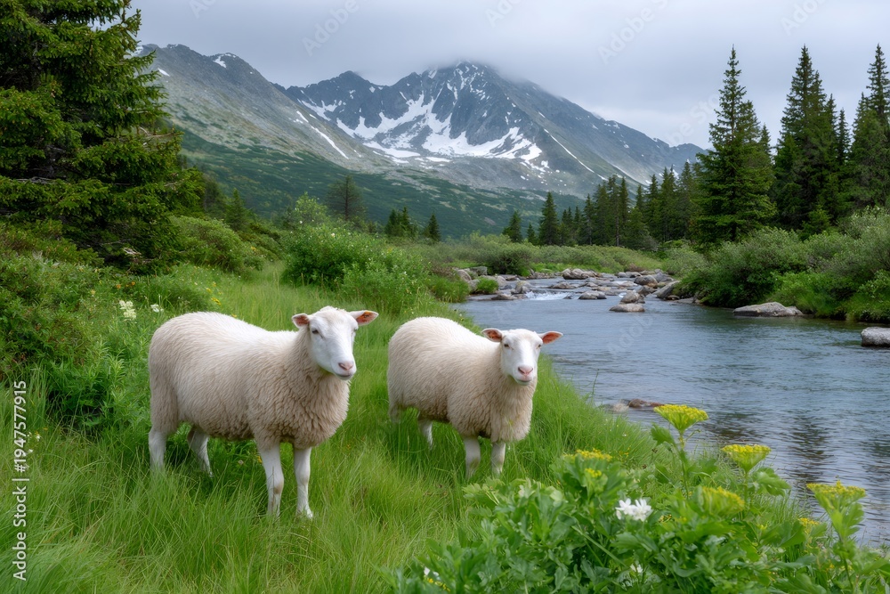 Obraz premium Two sheep standing on green grass near river