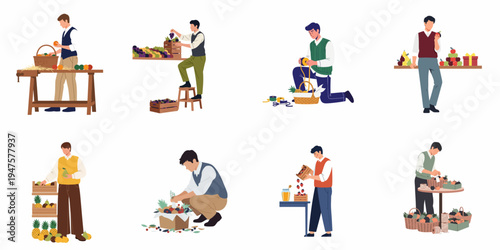 Flat vector illustrations of men harvesting, sorting, and packing various fresh fruits into crates and gift baskets for a local market or store.