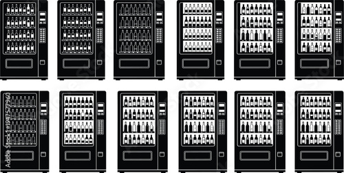 Collection of black and white vending machines filled with bottles beverage dispenser drink machine