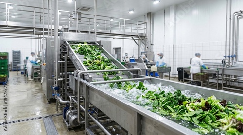 Food processing plant washes fresh leafy greens on conveyor belts and in water tanks