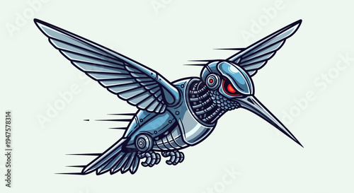 Blue Hummingbird in Flight Illustration.