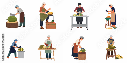 Flat vector illustrations of diverse workers wearing aprons and hairnets while expertly cutting and processing large jackfruits in various industrial and marketplace settings.