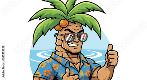 Cartoon Character Wearing Sunglasses and Hawaiian Shirt.