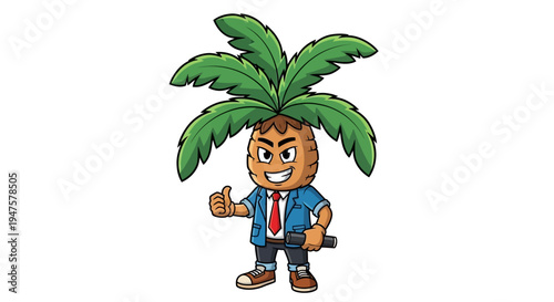 Happy Cartoon Character with Palm Tree Head.