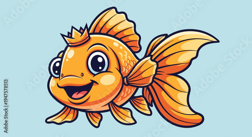 Happy Cartoon Goldfish Swimming in Water.