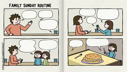 Comic strip depicting a playful family Sunday routine with blank speech bubbles for creative storytelling