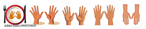 Illustration of various hand gestures and expressions related to food and sharing, including raised hands and joined hands
