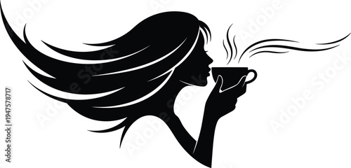 Silhouette of a woman with flowing hair drinking from a steaming coffee cup profile