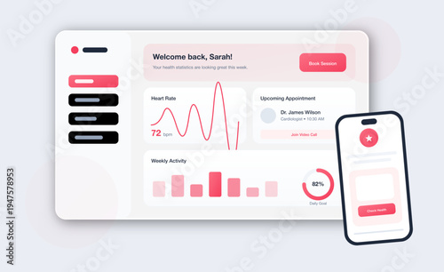 "A clean, contemporary, and minimalist digital health dashboard featuring a soft pink and charcoal palette. The interface conveys a sense of organized calm and clinical reliability, blending sleek dat