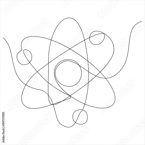 One continuous line drawing atom or proton nucleus sign symbol isolated vector illustration