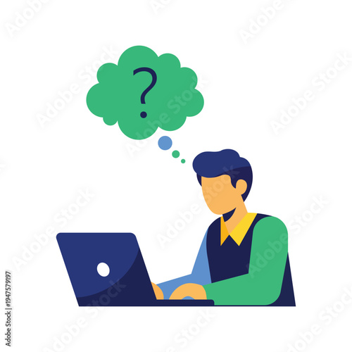 Professional man working on laptop with question mark thought bubble above head flat style