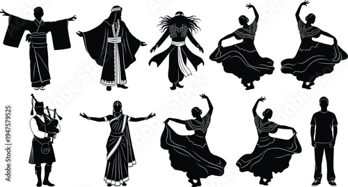 Silhouettes of diverse cultural dancers and musicians in traditional attire, symbolizing heritage, folk performance, global diversity, celebration, and artistic expression