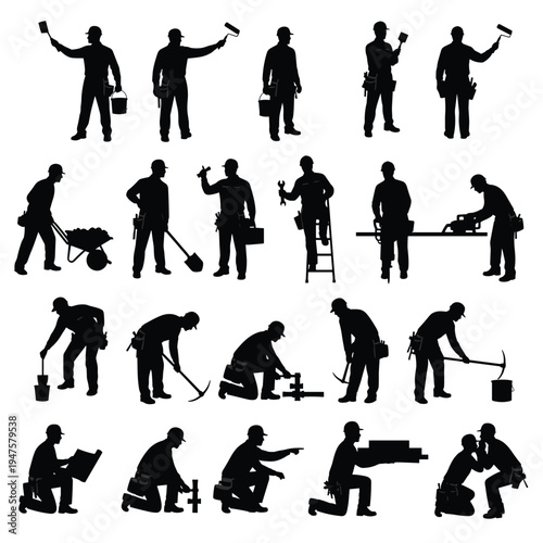 Construction worker silhouette set with safety vest and helmet showing builder engineer laborer poses with tools wheelbarrow shovel isolated icons collection