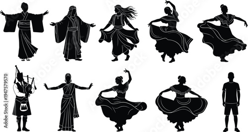 Silhouettes of diverse cultural dancers and traditional attire figures representing global heritage, folk music, costumes, and multicultural celebration diversity