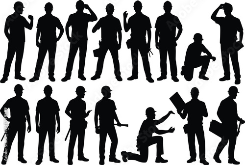 Construction worker silhouettes set with builders engineers wearing helmets holding tools and blueprints in different poses isolated industrial workers collection
