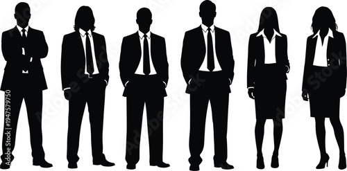 Silhouettes of male and female business professionals in formal suits, symbolizing teamwork, leadership, corporate unity, professionalism, success, and career growth