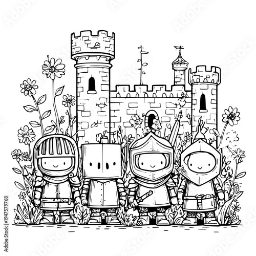 Charming cartoon knights in full armor stand proudly in front of a whimsical medieval castle surrounded by blooming flowers and lush green foliage evoking a sense of fantasy