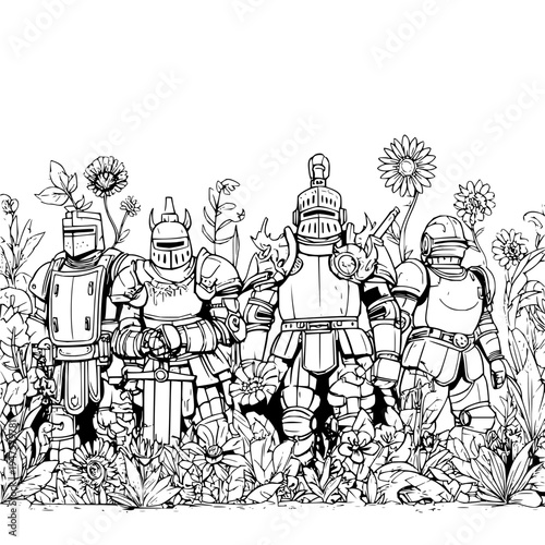 Whimsical fantasy scene featuring a lineup of four intricately detailed medieval knights in full plate armor standing stoically amidst a vibrant lush meadow overflowing