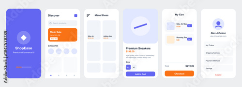 "A vibrant and modern eCommerce mobile app UI kit featuring a cohesive royal purple and vivid orange color palette. The visual mood is professional, energetic, and highly functional, showcasing a stre