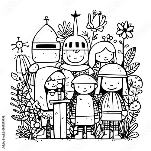 Charming cartoon group of diverse medieval characters including a knight royal figures and children surrounded by whimsical flora and fauna presented in a playful hand drawn